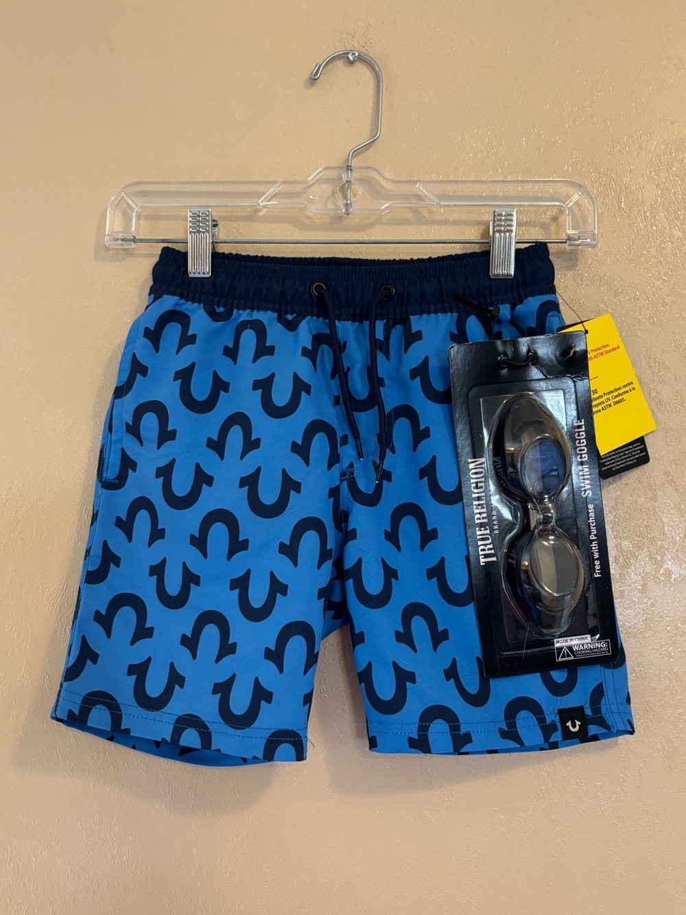 NWT True Religion boys' swim trunks and swim goggles sz 5/6